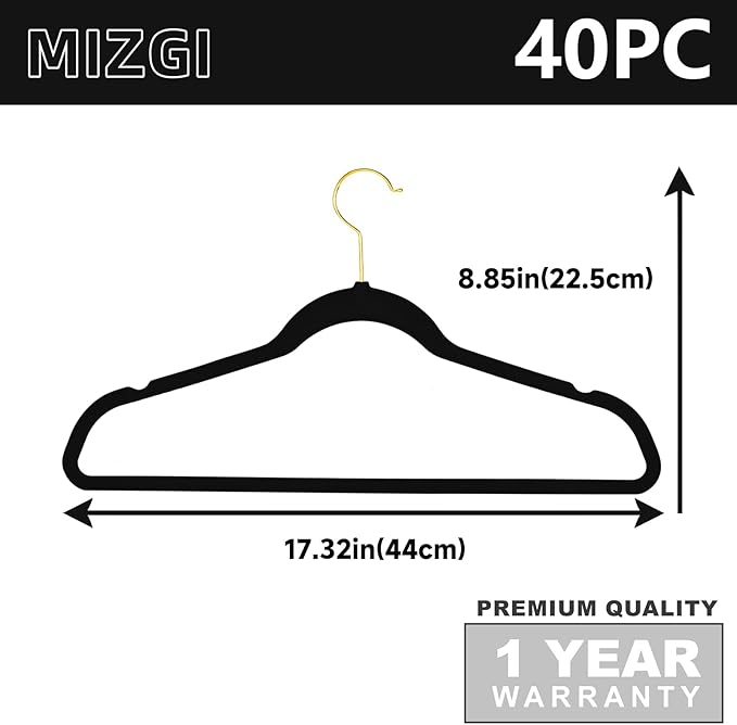 MIZGI Premium Velvet Hangers Pack 40 Pcs Heavy Duty - Non Slip Felt Hangers - Velvet Suit Hangers Black with Gold Hooks,Space Saving Clothes Hangers