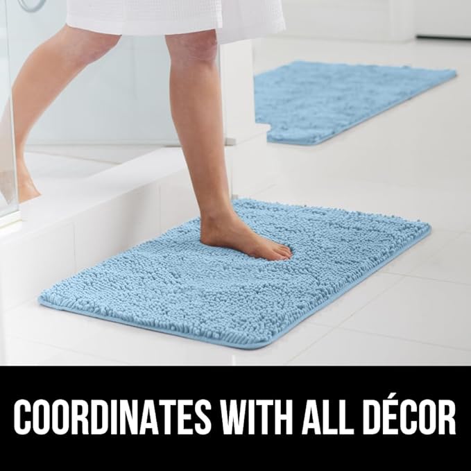 GORILLA GRIP Bath Rug Mat 30x20, Thick Soft Absorbent Chenille, Quick Dry Microfiber Mats, Rubber Backing Washable Shower Floor Rugs, US Designed Bathroom Bathmat Home Decor Accessories, Sky Blue