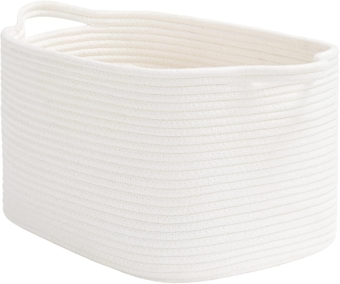 Goodpick White Woven Rope Basket with Handles, Medium Rectangle Basket for Books, Toys, Towels, Square Decorative Baskets for Living Room, Nursery, Shelf Baskets for Bedroom, 13" x 10" x 9"