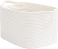 Goodpick White Woven Rope Basket with Handles, Medium Rectangle Basket for Books, Toys, Towels, Square Decorative Baskets for Living Room, Nursery, Shelf Baskets for Bedroom, 13" x 10" x 9"