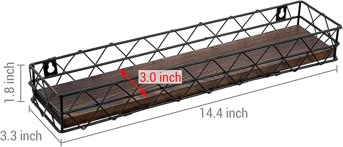 MyGift 3 Pcs Wall Mounted Spice Racks, Hanging Organizers for Seasoning Jars or Condiment Bottles, 14 Inch Rustic Burnt Solid Wood and Black Metal Wire Geometric, for Kitchen