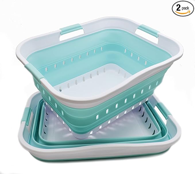 SAMMART 42L (11 gallon) Collapsible Plastic Laundry Basket - Foldable Pop Up Storage Container/Organizer - Portable Basket - Space Saving Hamper/Basket (2, White/Lake Green)