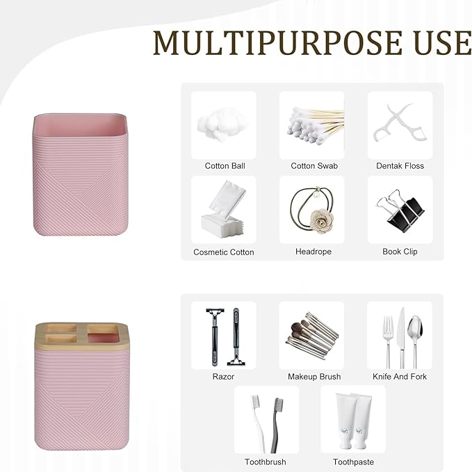 CERBIOR Bathroom Accessories Set 6 Piece Bamboo Bath Ensemble Includes Soap Dispenser, Toothbrush Holder, Toothbrush Cup, Soap Dish for Decorative Countertop and Housewarming Gift (Pink)