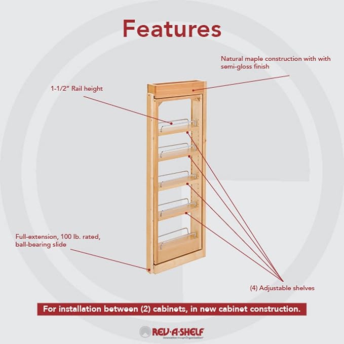 Rev-A-Shelf 3"W x 33"H Pull Out Quad Shelf Organizer for Wall & Base Kitchen Cabinets, Full Extension Filler Spice Rack, Adjustable, Wood, 432-WF33-3C