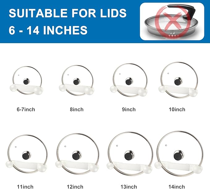 4-piece pot lid rack, pot lid storage container suitable for lids ranging from 6 inches to 14 inches, adhesive wall mounted pot lid storage, suitable for kitchen cabinets and cabinet doors (White)