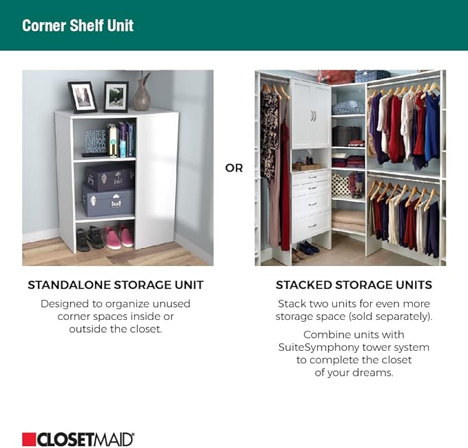 ClosetMaid SuiteSymphony Wood Corner Shelf Unit, 2 Shelves, Adjustable, Stacking, for Storage, Closet, Clothes, Shoes, Décor, Graphite Grey