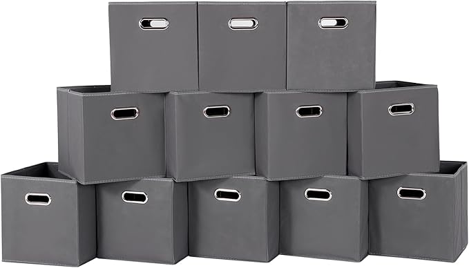 Foldable cube storage bins, Fabric Storage Box Cubes Organizer Baskets with Dual Handles for Home Organizer,Nursery,Shelves,Closet,Set of 12,(Grey)