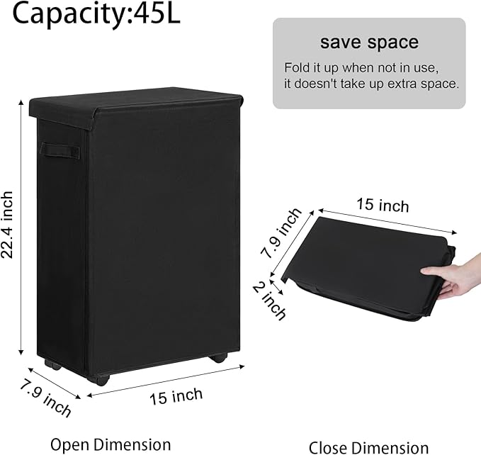 Chrislley Slim Laundry Hamper with Wheels, 45L Narrow Rolling Laundry Basket with Lid, Foldable Dirty Clothes Hamper Portable Skinny Hamper Storage Bins for Dorm, Bedroom (black)