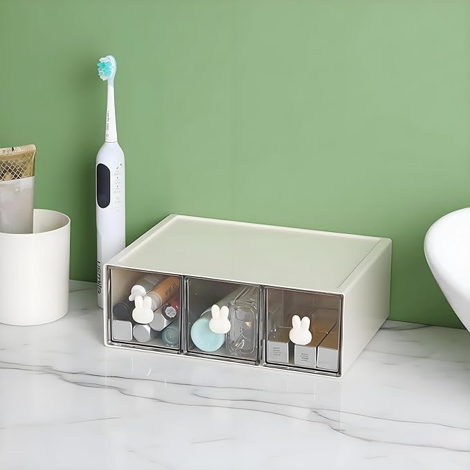 Desktop Storage Drawers, Plastic Desk Organizer with 3 Drawers, Modular Stackable Toolbox Units for Office Stationary, Makeup Container, Bathroom Countertop (1 Tall Layer, Cream & Clear)