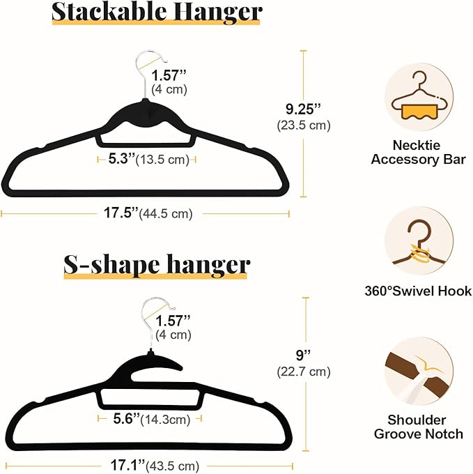 Black Velvet Hangers 50 Pack, S-Shaped and Stackable Non Slip Felt Hanger with 360°Swivel Hook, Ultra Thin and Space Saving Flocked Hangers for Suits, Shirts, Coats, 15Lbs Capacity Heavy Duty