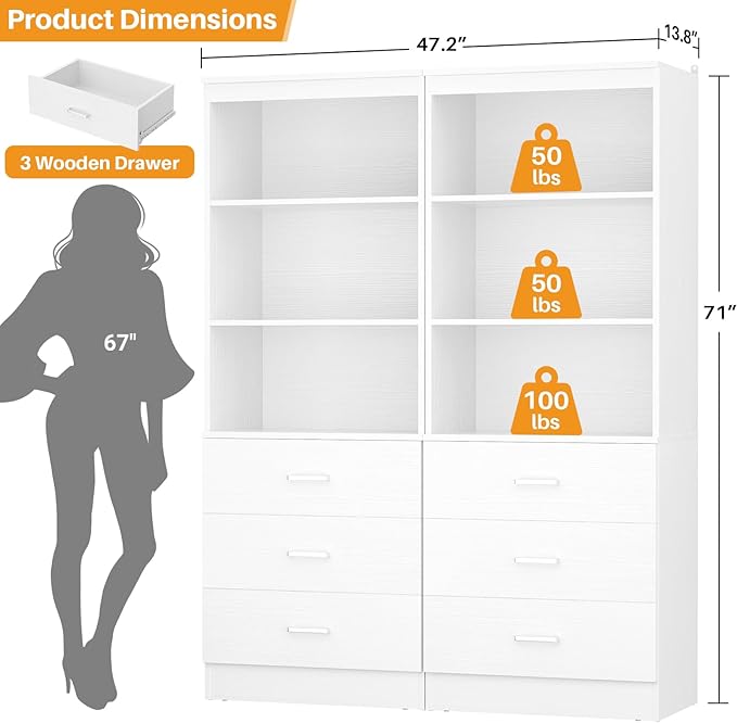 Aheaplus 47.2" Closet Drawers System, 3.94FT Wood Closet Organizer System with 6 Drawers, Modular Small Walk-in Closets Storage Unit, Set of 2, White (47.2" L x 13.8" W x 71" H)