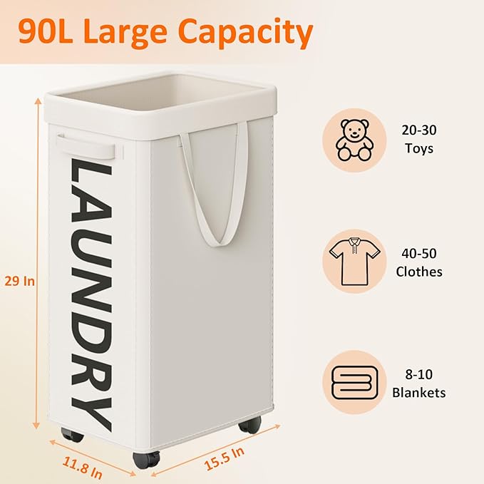 2 Pack Rolling Laundry Basket with Wheels, 90L Hamper with Wheels and Removable Mesh Bag, White Laundry Baskets on Wheels for Bedroom, Dorm, Clothes Hamper Organizer