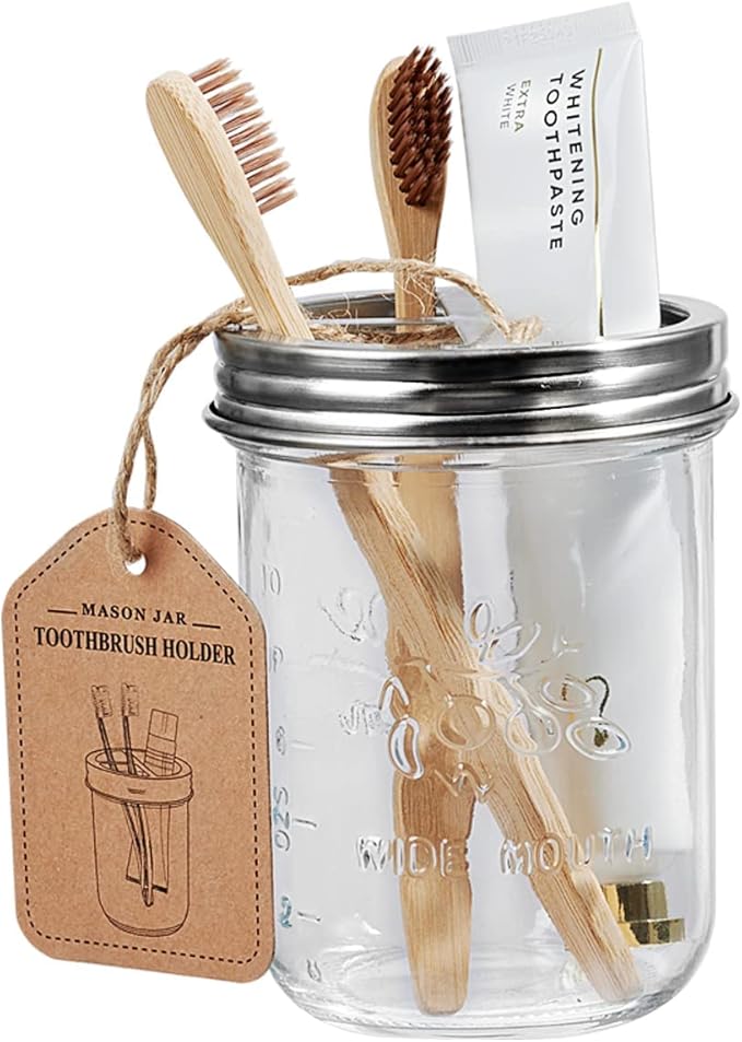 Amolliar Mason Jar Bathroom Accessories Set(4 Pack) - Lotion Soap Dispenser&Qtip Holder Set&Toothbrush Holder-Rustic Farmhouse Decor Apothecary Jar Bathroom Countertop,Vanity Organize (Brushed Nickel)