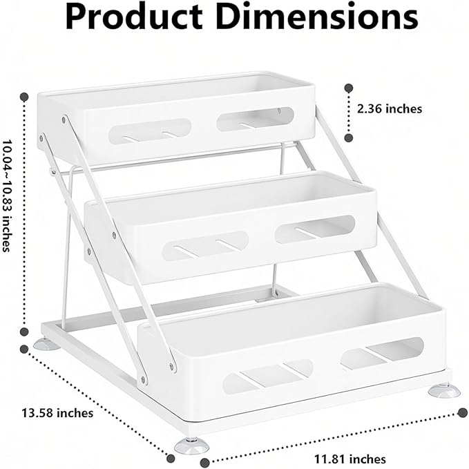 3 Tier Foldable Spice Rack for Countertop Iron Kitchen Seasoning Organizer for Cabinet, White