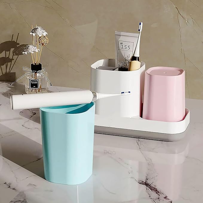 Toothbrush Holder for Bathroom, Kids Toothbrush Holder with Cups, Electric Toothbrush Holder for Bathroom Decor, Kids Bathroom Accessories Set with Toothpaste Holder, Pink & Blue