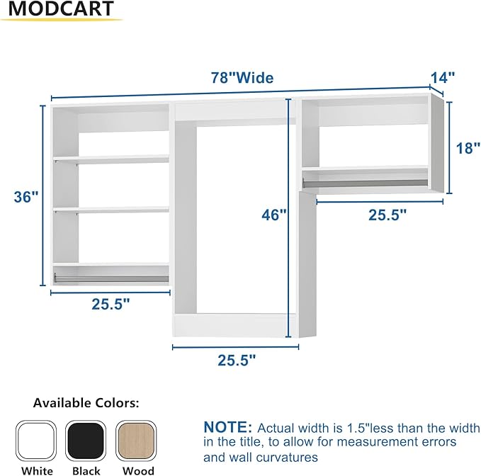 Modular Closet System, 78" Wide Organizer With Hanging Shelving, Wood Tower Storage for Walk-In Closets, Wall Mounted Wardrobe Kit, Bedroom, White