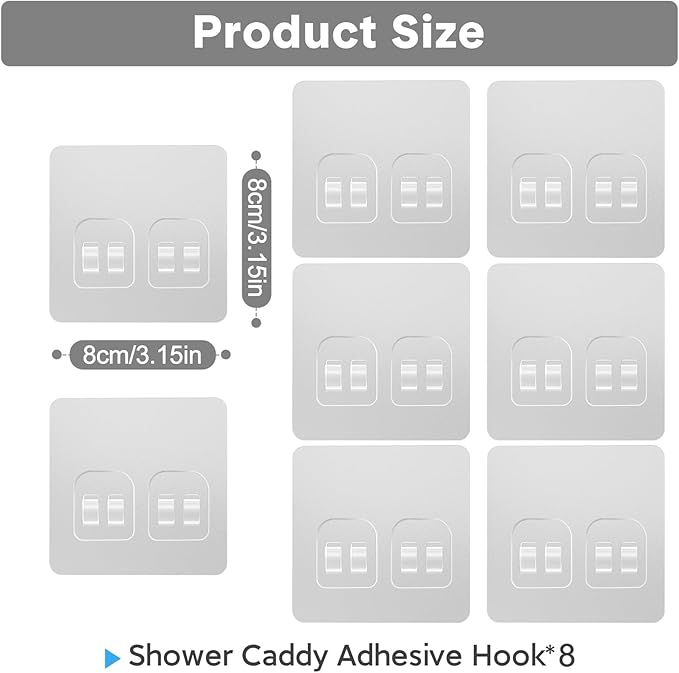 FEPTUASE Shower Caddy Adhesive Replacement, Double Hooks No Drilling, Transparent Strong Adhesive Waterproof for Shower Caddy, Bathroom Storage Shelves, Kitchen Racks (Double Hooks * 8pcs)