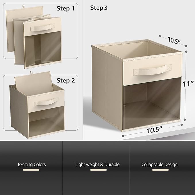 Sorbus 11 Inch Storage Bins with Clear Window - 6 Foldable Baskets for Organizing Clothes, Toys, Books - Sturdy Collapsible Fabric Storage Cubes with Handle - Storage Baskets for Shelves, Closets