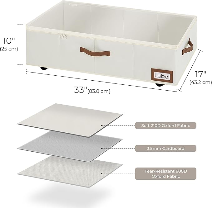 StorageWorks Under Bed Storage with Wheels, 10" Underbed Storage Containers with Lid, 90L Clothes Organizer for Blankets, Sweaters, Bedding, 2-Pack, Beige