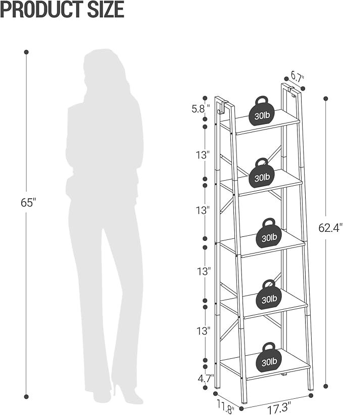 Ladder Shelf, Bookshelf Bookcase, Freestanding Corner Storage Shelve with 2 Hooks for Home Office, Living Room, Kitchen, Bedroom, Industrial, 11.8" D x 17.3" W x 63" H, White BC19213W