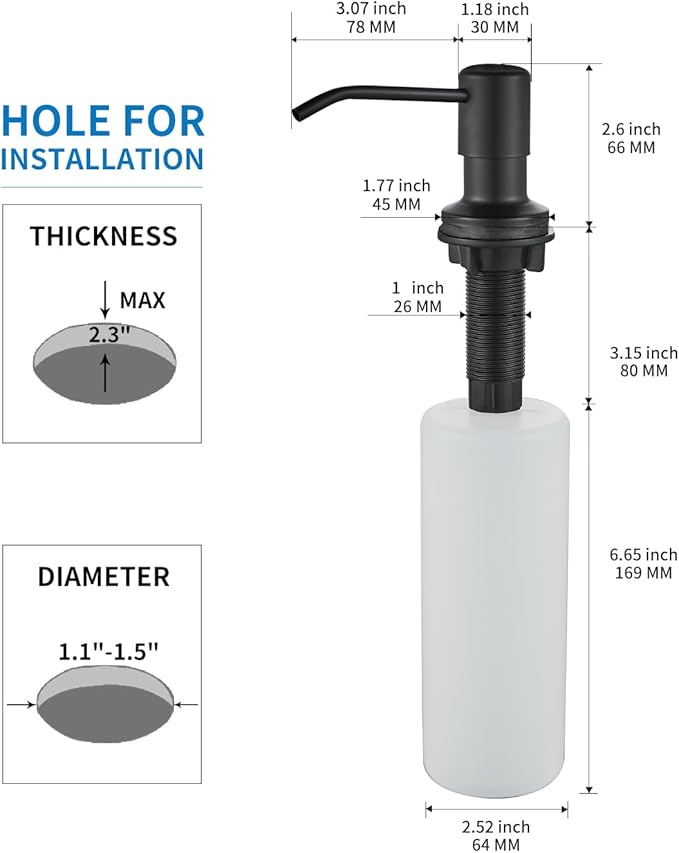 Built in Soap Dispenser for Kitchen Sink, Matte Black Stainless Steel Countertop Pump Head, Dish Soap Hand Lotion Dispenser with Refillable 17OZ Bottle