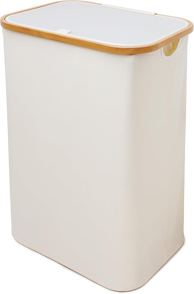 QUALIAZERO 87L Laundry Hamper with Lid – Single Section Bamboo Frame Hamper with Removable Inner Bag & Pull-Tab Cover, Slim Design for Bedroom, Bathroom, or Laundry Room (FEATHER CREAM, SINGLE)