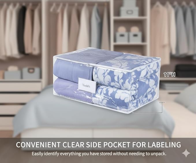 Masirs Clear Blanket Storage Bag (2-Pack) - Vinyl Clothing Organizers with Zipper & Label Pocket - Protects from Dust, Moisture & Dirt - Ideal for Underbed Storage Sheets, Comforters & Bedding