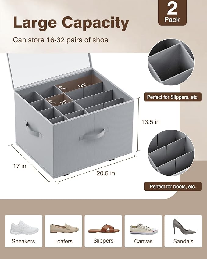HOUSE AGAIN 2 Pack Shoe Organizer for Closet with Wheels, Shoe Storage Bin,Large Shoe Storage Organizer with Adjustable Dividers and Clear Cover, Space-Saving & Fits up to 16-32 Pairs of Shoes