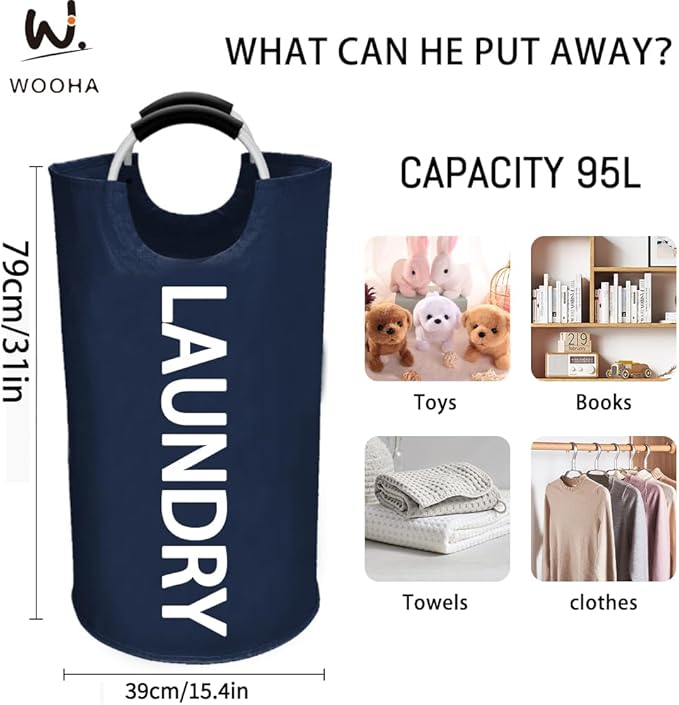 WOOHA 95L Large laundry basket,Collapsible laundry hamper, Tall Clothes Baskets Folding Washing Bin Foldable Fabric Hamper Bags for Bedroom, Closet,Bathroom,College,laundry bag,navy blue