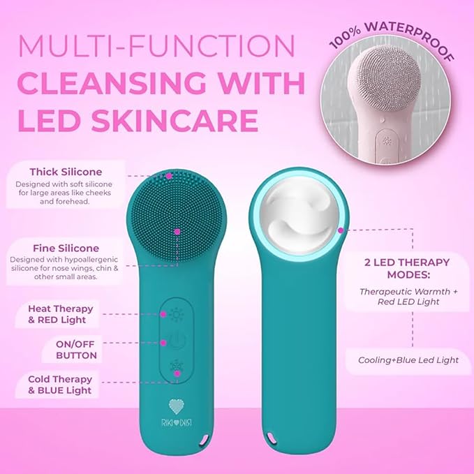 Riki Radiant Electric Silicone Face Scrubber - 2-in-1 Facial Rotating Vibrating Exfoliating Brush - Waterproof & Portable, Rechargeable, for Cleaning, Exfoliation, Massage, for Men & Women (Pink)