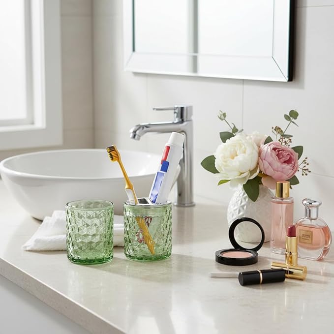 2pcs Toothbrush Holders for Bathrooms,Glass Toothbrush Holder and Bathroom Tumbler Set,Toothbrush and Toothpaste Holder with Divider,Bathroom Toothbrush Cup Holder (Green and Silver)
