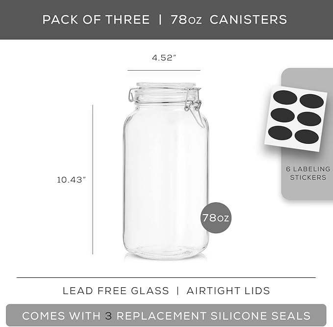 Airtight Glass Jars with Lids Set of 3. 78oz Glass Jar with Lid and 6 Silicone Seals! Large Glass Food Storage Containers. Square Mason Jar for Candy, Flour, Pasta Containers for Pantry