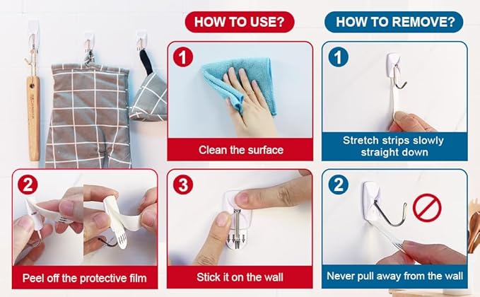 Wire Hooks for Wall Medium 16 Hooks, Heavy Duty Wall Hooks with 16 Strips, Damage Free Adhesive Hooks for Key Holder, Coat, Door, Shower Hanging