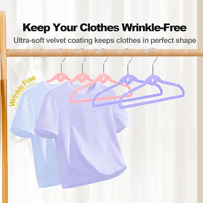 Pack of 30 Kids Velvet Hangers, Non-Slip Space-Saving with Cascading Mini Hooks, Multi-Color (Pink, Lavender, White) Baby and Toddler Clothes Organization
