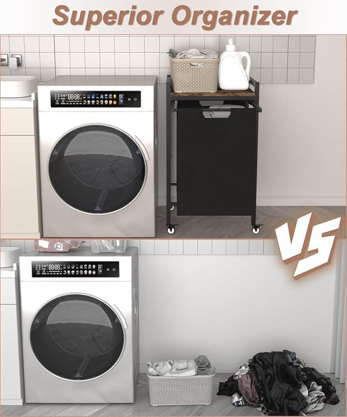 14.5 Gal Large Laundry Hamper with Wheels, Pull-Out & Removable Sorter Bags, Freestanding Clothes Basket Organizer for Clothing or Toys in Bathroom and Living Room, Rustic Brown and Black