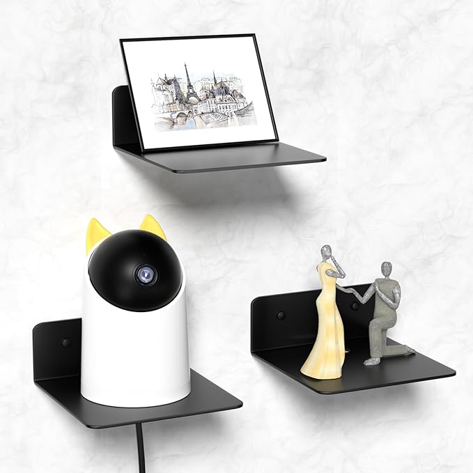 Wisfame Small Wall Shelves Set of 3, 5 Inch Metal Display Ledges for Small Models, Funkos, Collectibles, Little Statues, Adhesive Floating Shelves for Bathroom, Living Room, Bedroom (Black)