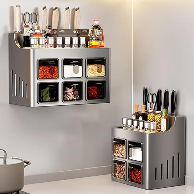 Multifunctional Spice Rack Organizer Wall Mounted with Knife Holder Kitchen Hanging Seasoning Jar Organization (4 Boxes)