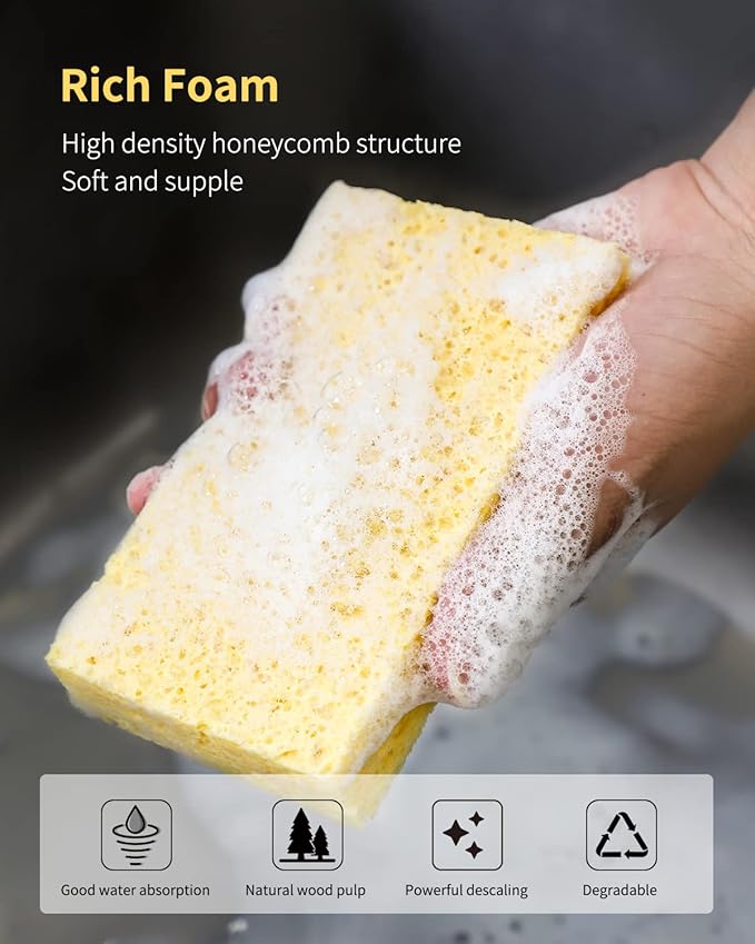 Cellulose Sponges,Heavy Duty Scrub Kitchen Sponge,Clean Tough Messes Without Scratching Sponges Kitchen Yellow (6 Pack)