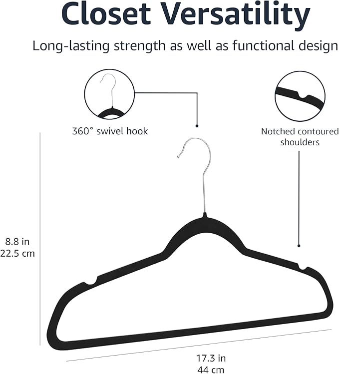 Amazon Basics Slim, Velvet, Non-Slip Suit Clothes Hangers, Pack of 50, Black