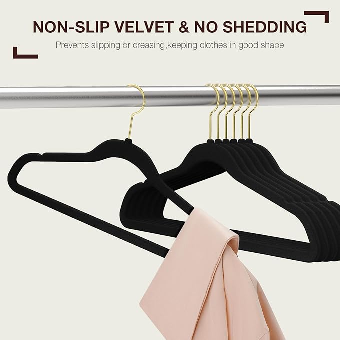 Korpai 50 Pack Black Velvet Hangers,Coat Hanger Non Slip,Heavy-Duty,Space Saving,Slim Clothes Hangers for Pants,Outfit,Skirts,Suits,Coats,Dresses ect.Felt Hangers with Gold 360°Swivel Hook