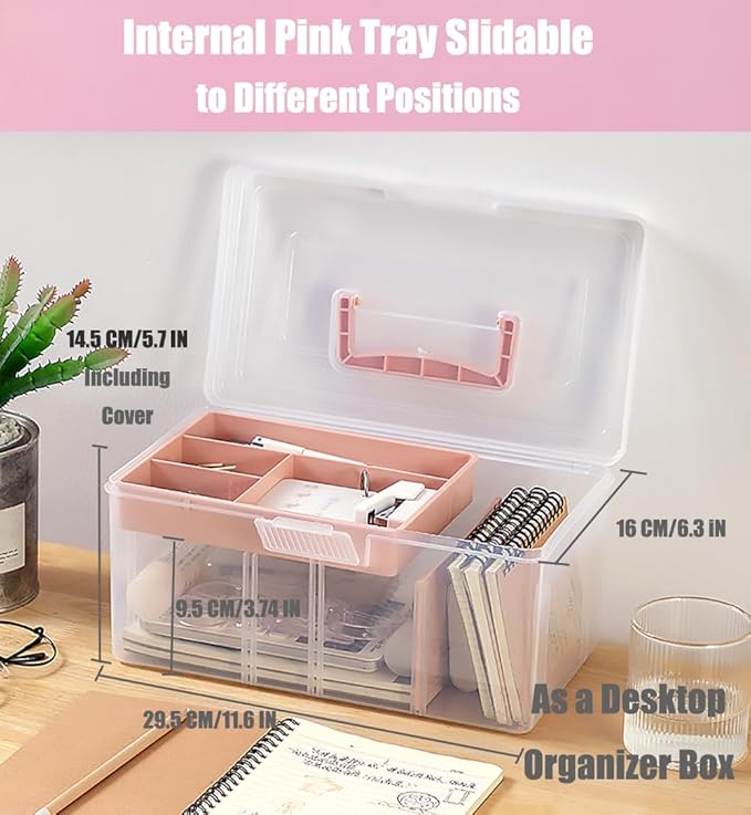 FOREVERIE Clear Plastic Office Supply Art & Craft Storage Box, Sewing Box Organiser Large with a Removable Tray & Adjustable Partition, Portable Travel Makeup Case (Clear & pink)