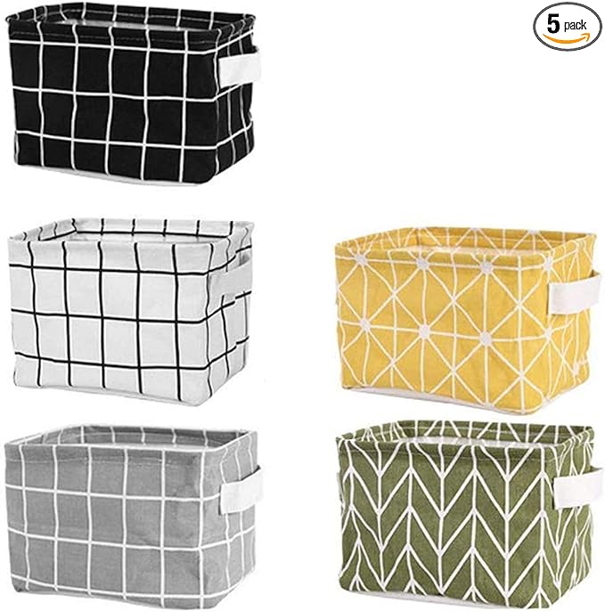 Mini Storage Basket（Pack of 5）- Blend Storage Bins for Makeup, Book, Baby Toy,8x6x5.5 inch Home Decor Canvas Organizers Bag 8x6.3x5.1 inch
