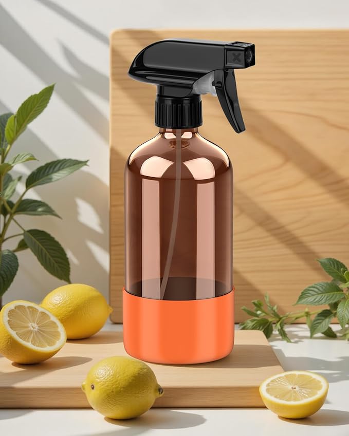 Amber Glass Spray Bottle with Silicone Sleeve Protection, 16 oz Refillable Spray Bottle for Cleaning Solutions, Plants, Aromatherapy, Facial Hydration (Orange Sleeve(Amber Bottle)