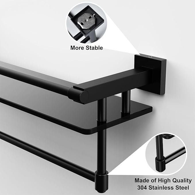 SFGSOWOR Glass Shelf for Bathroom 20 Inch Bathroom Shelves with Towel Bar Tempered Glass Shelves with Stainless Steel Towel Holder for Wall (All Matte Black)