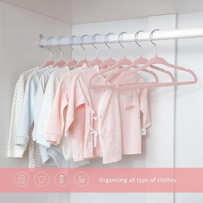 ManGotree 11" Baby Velvet Hangers, Non-Slip Kids Coat Hangers with 360° Swivel Hook, Ultra-Thin Felt Children's Hanger for Infant & Toddler Clothes, 66 Pack (Light Pink)