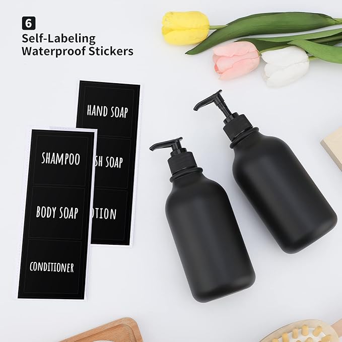 Segbeauty Matte Black Shampoo Dispenser, 2pcs 16.9oz Empty Refillable Pump Bottle with Labels, 500ml Plastic Press Lotion Dispenser Bathroom Shower Containers for Conditioner Hand Wash Gel Dish Soap