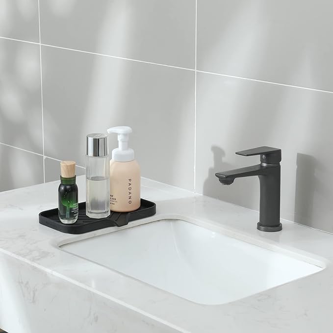 MicoYang Silicone Bathroom Soap Dishes with Drain Spout-Bathroom and Kitchen Sink Organizer,Sponge Holder,Dish Soap Tray,Perfect for Dispenser,Scrubber,Bottle,Cup on Sink or Counter-Black 9.6"×5.3"