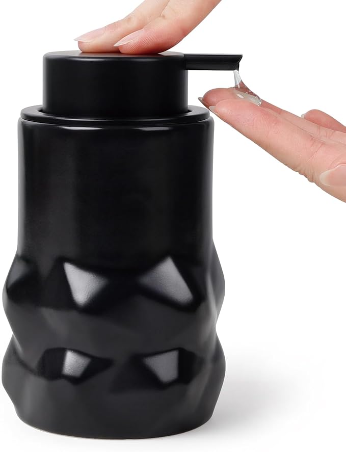BosilunLife Hand Soap Dispenser - Foam Soap Dispenser Bathroom Ceramic Dish Liquid Soap Dispenser for Kitchen, Bathroom Countertop Soap Dispensers (Black-Liquid-Sculpt)