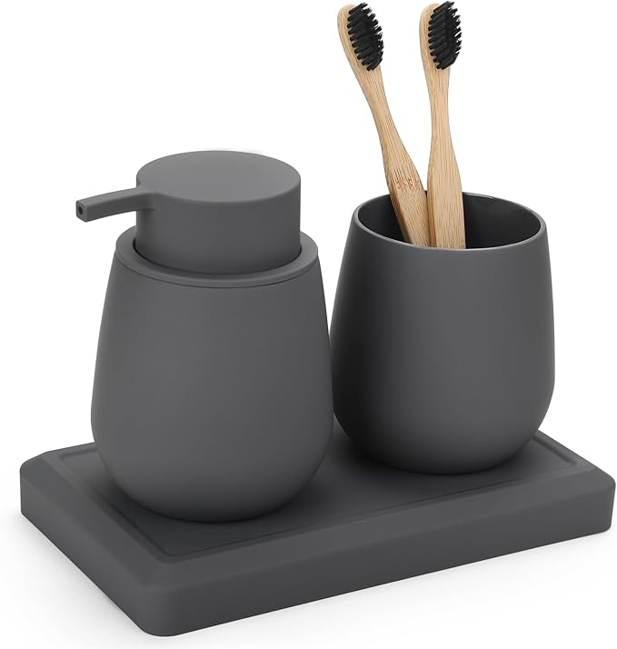 Bathroom Accessories Set, Modern 3 Pcs Bathroom Essentials - Soap Dispenser, Toothbrush Holder & Tray, Countertop Vanity Organizer (Gray)