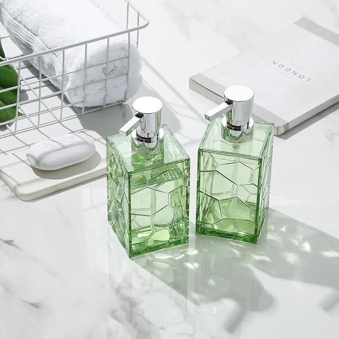 2 Pack Clear Saga Green Rust Proof Soap Dispenser Bathroom, Acrylic Plastic Hand Soap Lotion Dispenser with Pump for Bathroom&Kitchen